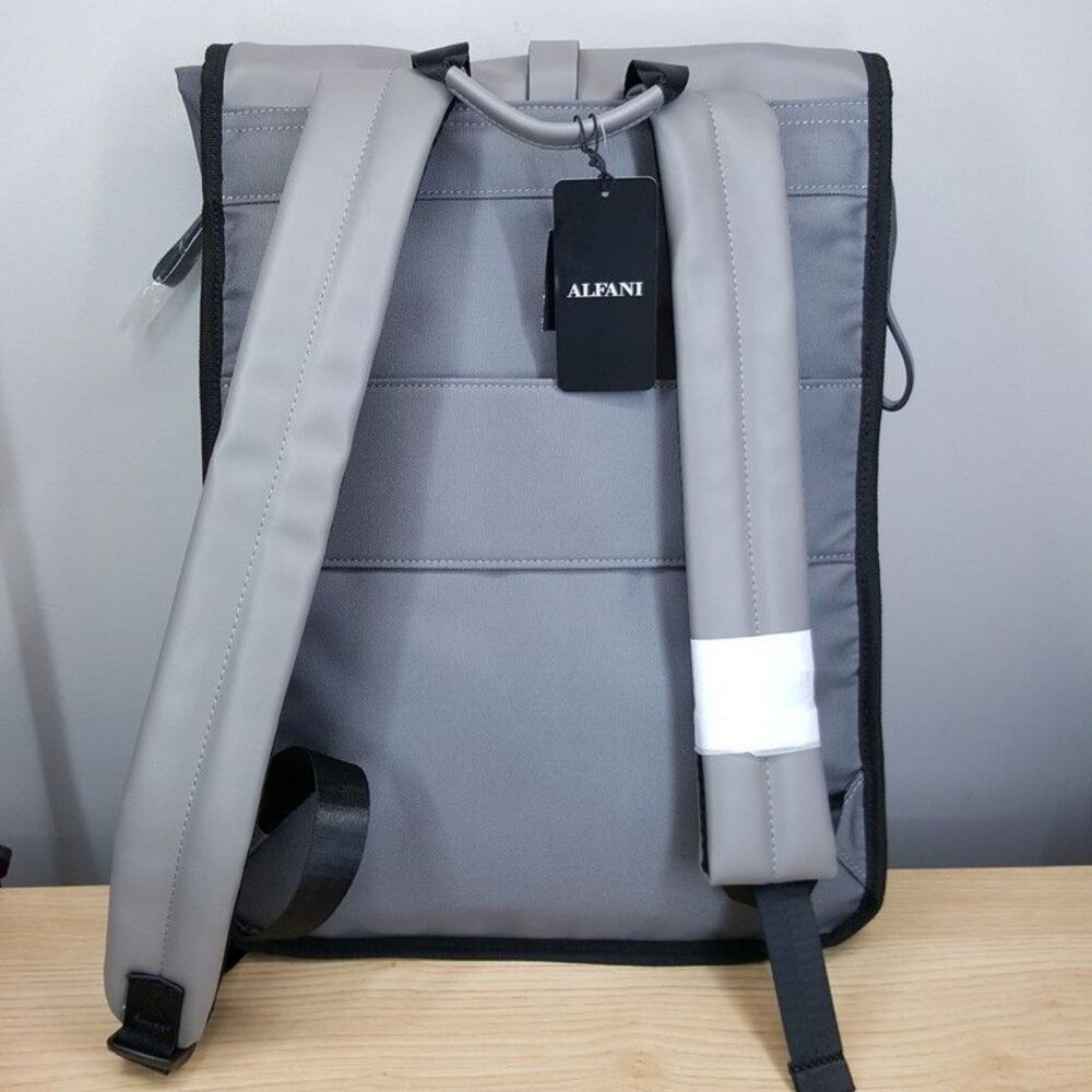 ALFANI Backpack Grey Canvas Roll Top Backpack Faux Leather Trim Laptop Sleeve - Picture 7 of 13